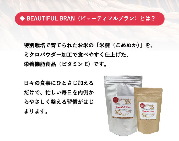 栄養機能食品・ビューティフルブランは普通の米ぬかとは違います。